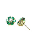 18K yellow gold flower cluster earrings with Colombian emeralds and a brilliant diamond center.