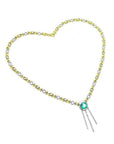 14K gold X & O link necklace with a square emerald pendant and two white gold bar drops.