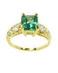 A vintage natural colombian emerald ring for women with accent diamonds crafted in 14k yellow gold, May birthstone.