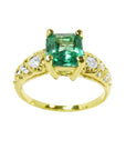 A vintage natural colombian emerald ring for women with accent diamonds crafted in 14k yellow gold, May birthstone.