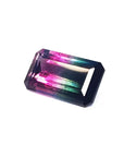 A natural watermelon tourmaline from Brazil in a rectangular shape emerald cut displaying the table and crown facets profile.