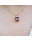 14K yellow gold pendant with a 4.01 ct bicolor red-orange and green tourmaline solitaire.