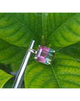 Multicolored tourmaline gemstone solitaire pendant held by tweezers on a green leaf background.