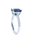 18k white gold blue sapphire ring for women sparkling radiant cut solitaire, half side top and shank profile