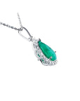 18K white gold pear-shaped emerald pendant with a halo of natural diamonds on a chain.