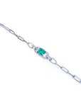 14K white gold paper clip bracelet with a rectangular emerald and diamond halo.