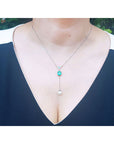 Mother's Day gift emerald and pearl necklace cushion cut prong set in 14k white gold - fresh water pear dangling from the emerald