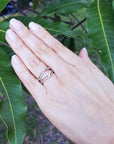 Hand wearing a diamond ring guard enhancer with green leaves in the background.