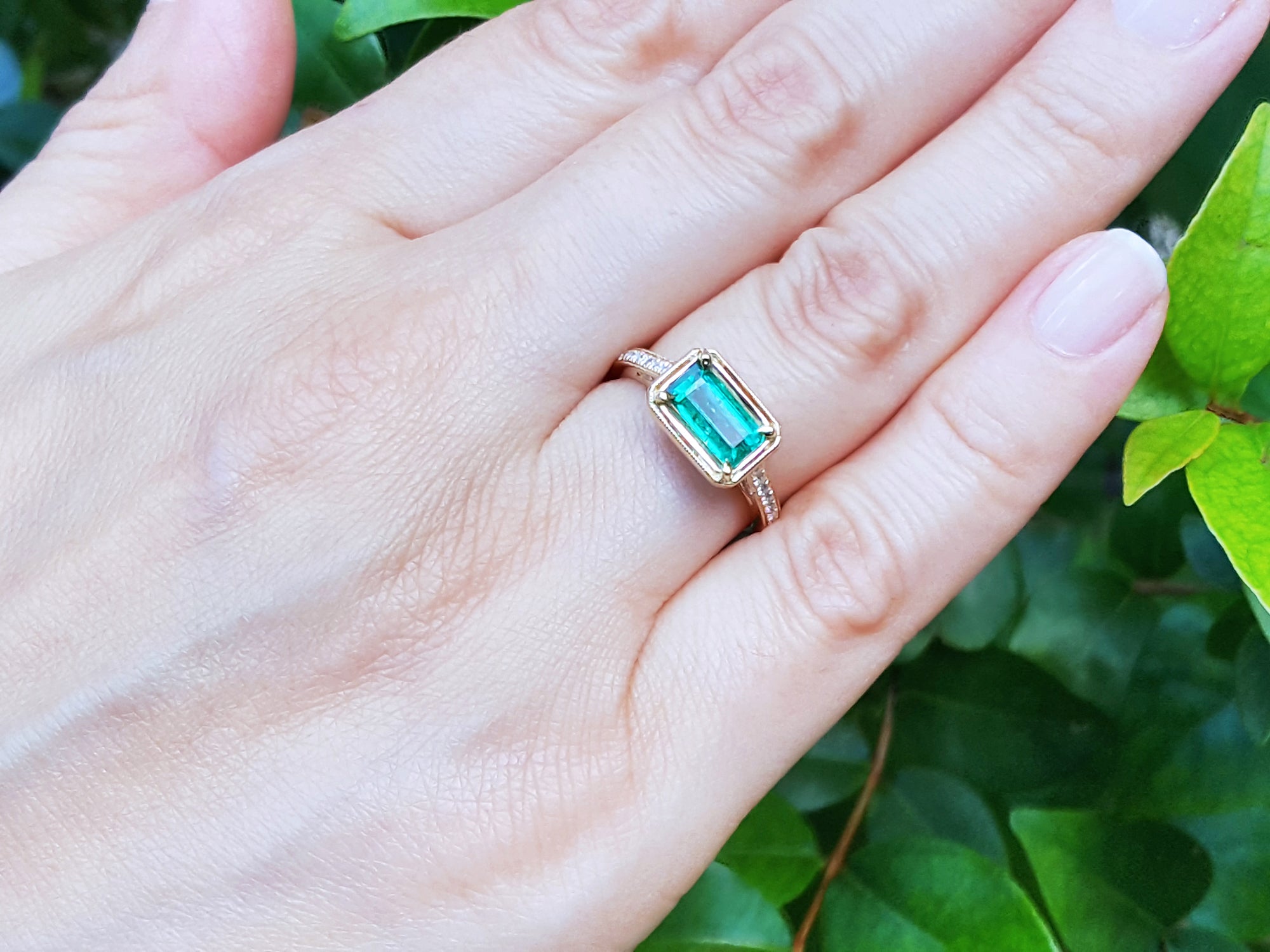 Hand wearing a ring with an emerald stone against a green leafy background.