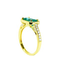 1.30 carat emerald-cut natural Colombian emerald ring in 14K yellow gold, east-west style with diamond accents.