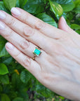 A hand wearing an emerald solitaire ring yellow gold against a green leafy background.