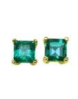 Pair of natural emerald stud earrings yellow gold, front position top side view.