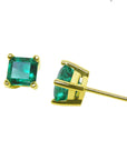 A pair of yellow gold emerald stud earrings on front and side position profiles,