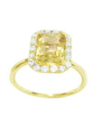 14K yellow gold ring with emerald-cut natural yellow sapphire and diamond halo.