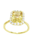 14K yellow gold ring with emerald-cut natural yellow sapphire and diamond halo.