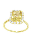 14K yellow gold ring with emerald-cut natural yellow sapphire and diamond halo.
