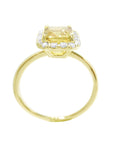 Natural yellow sapphire ring for women halo diamond 14k gold, lateral tall top, gallery and shank view