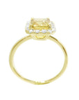14K yellow gold ring with emerald-cut natural yellow sapphire and diamond halo.