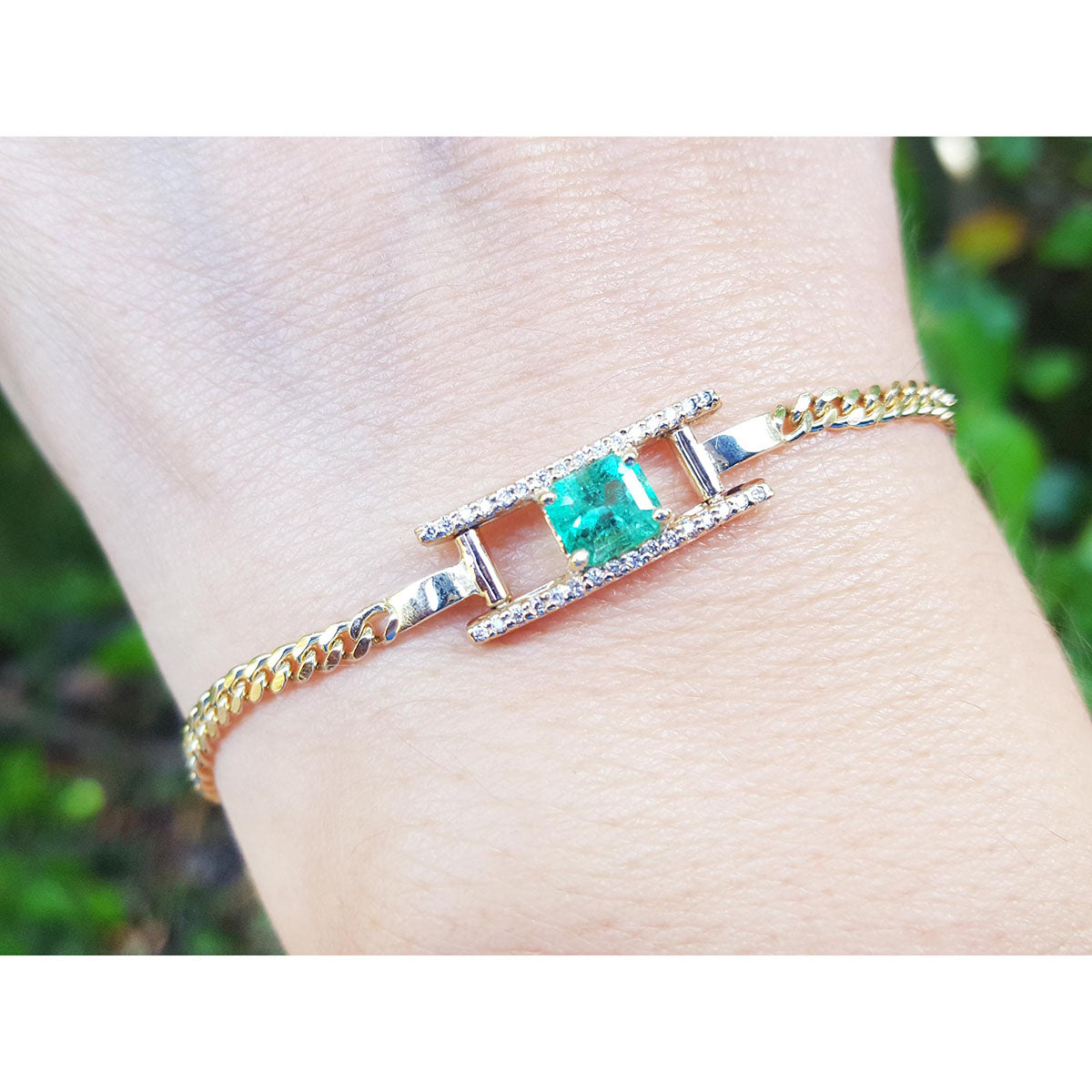 14k yellow gold genuine Colombian emerald bracelet with natural diamonds
