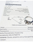Diamond grading report with a ring illustration on a white background