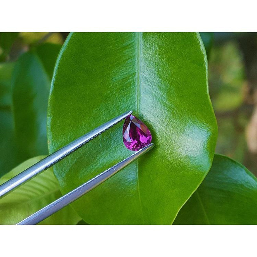1.00 carat natural pear-shaped deep red ruby held by tweezers on a green leaf.