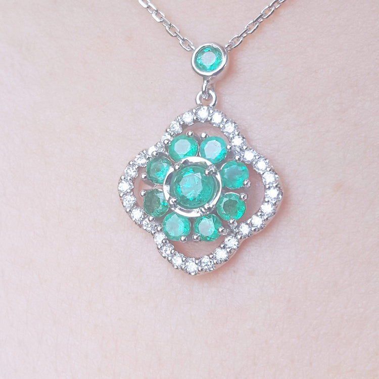 White gold 14k emerald cluster necklace, 4-leaf clover design accented by natural diamonds, crafted in 14k white gold.