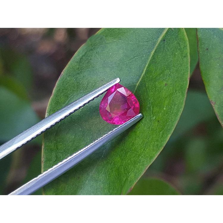 1.19 carat pear cut natural ruby gemstone, sparkling medium deep red, held by tweezers over a green leaf.