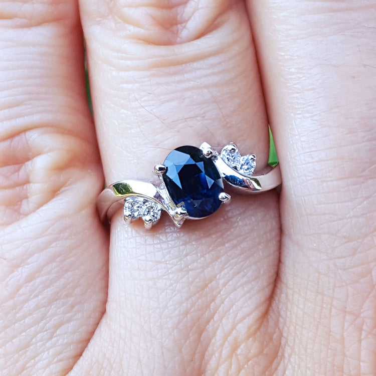 Natural sapphire and diamond engagement ring sparkling rich deep blue hue genuine accent diamonds crafted in 14k white gold
