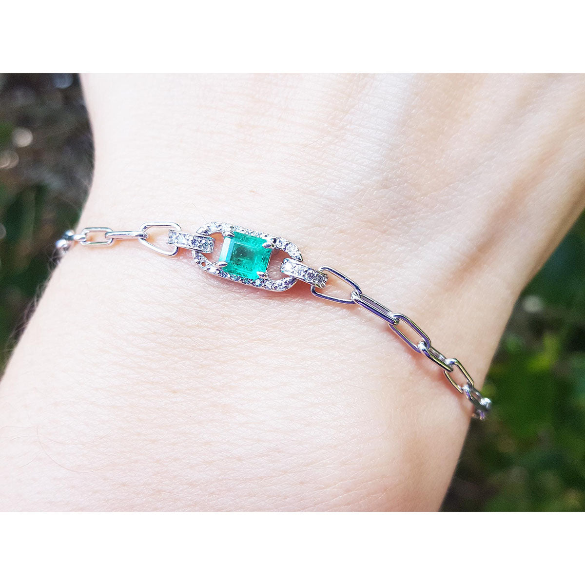 Natural Emerald Paper Clip Bracelet Halo Diamond in 14K White Gold 
