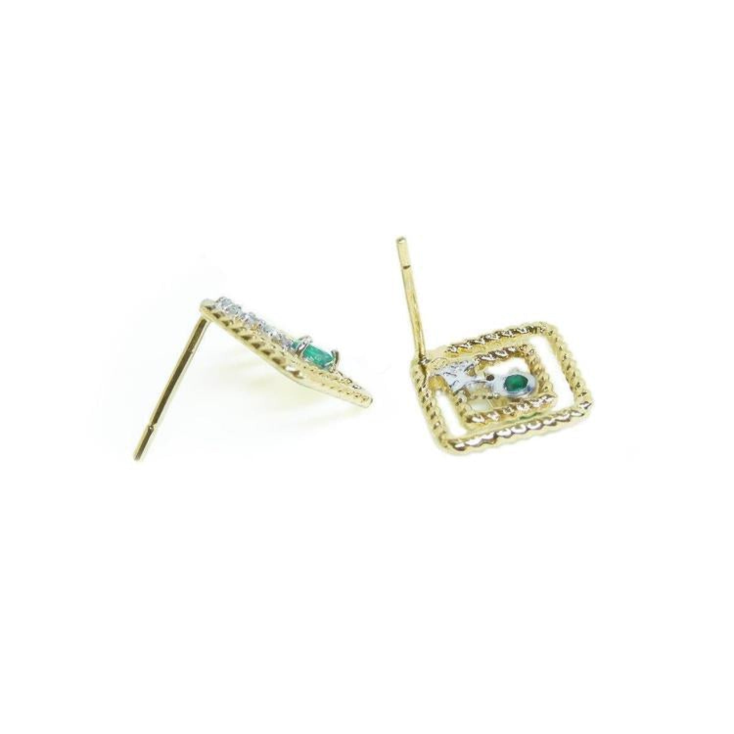 14K yellow gold geometric stud earrings with green emeralds and diamond accents.