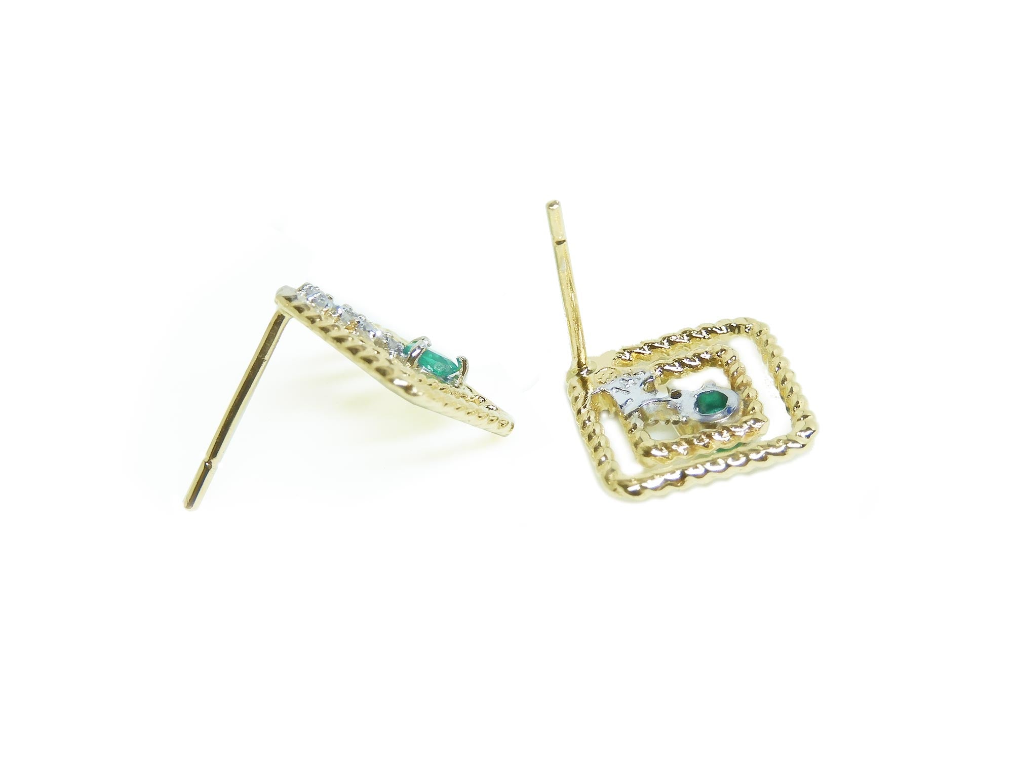 upside down of a pair of 14K yellow gold emerald post earrings with round cut Colombian emeralds underside vew
