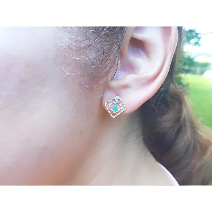Women's emerald braided stud earrings, 14K yellow gold double kite geometric design with push backs.