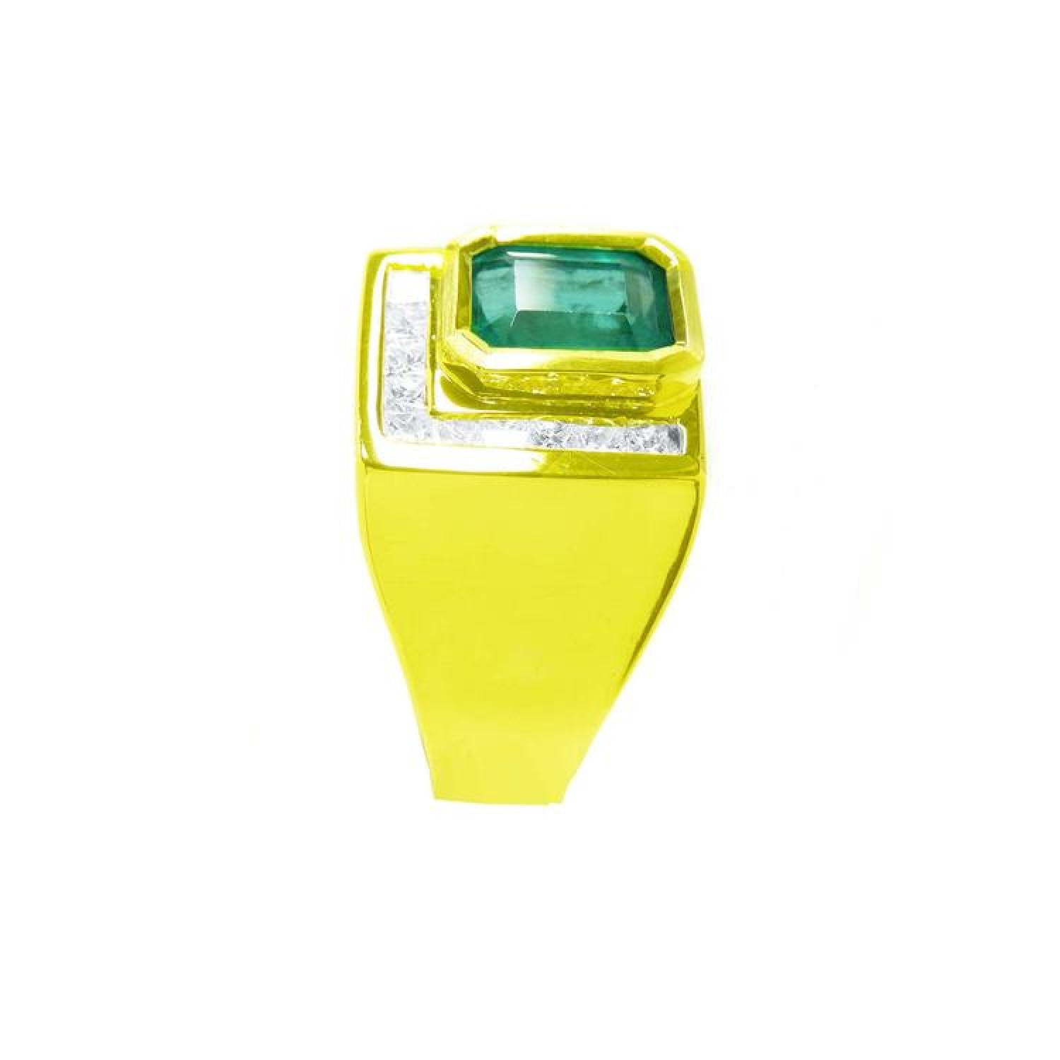Men's 18K yellow gold ring with a rectangular emerald and channel-set princess-cut diamonds.