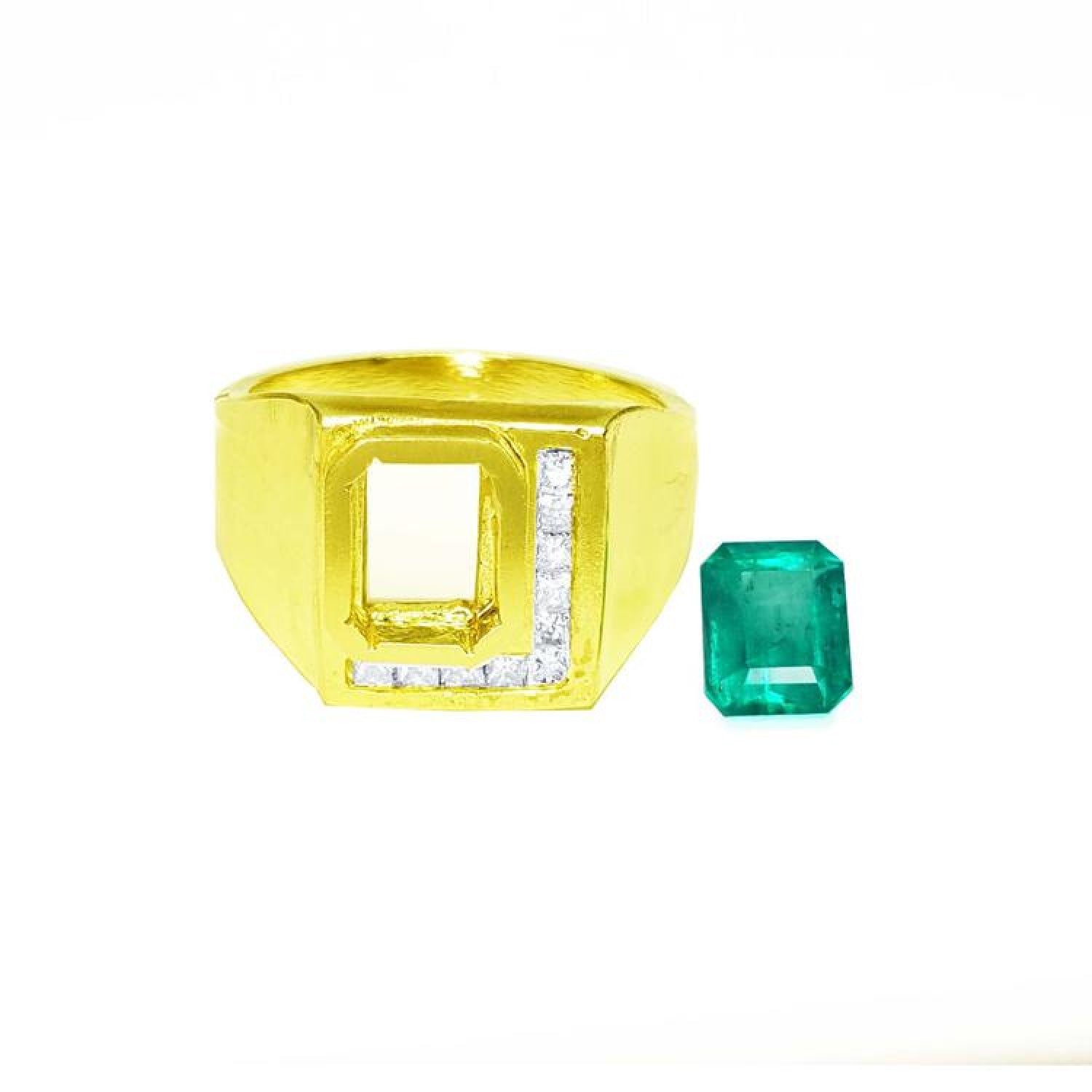 Men's 18K yellow gold ring with channel-set diamonds and a loose rectangular Colombian emerald.