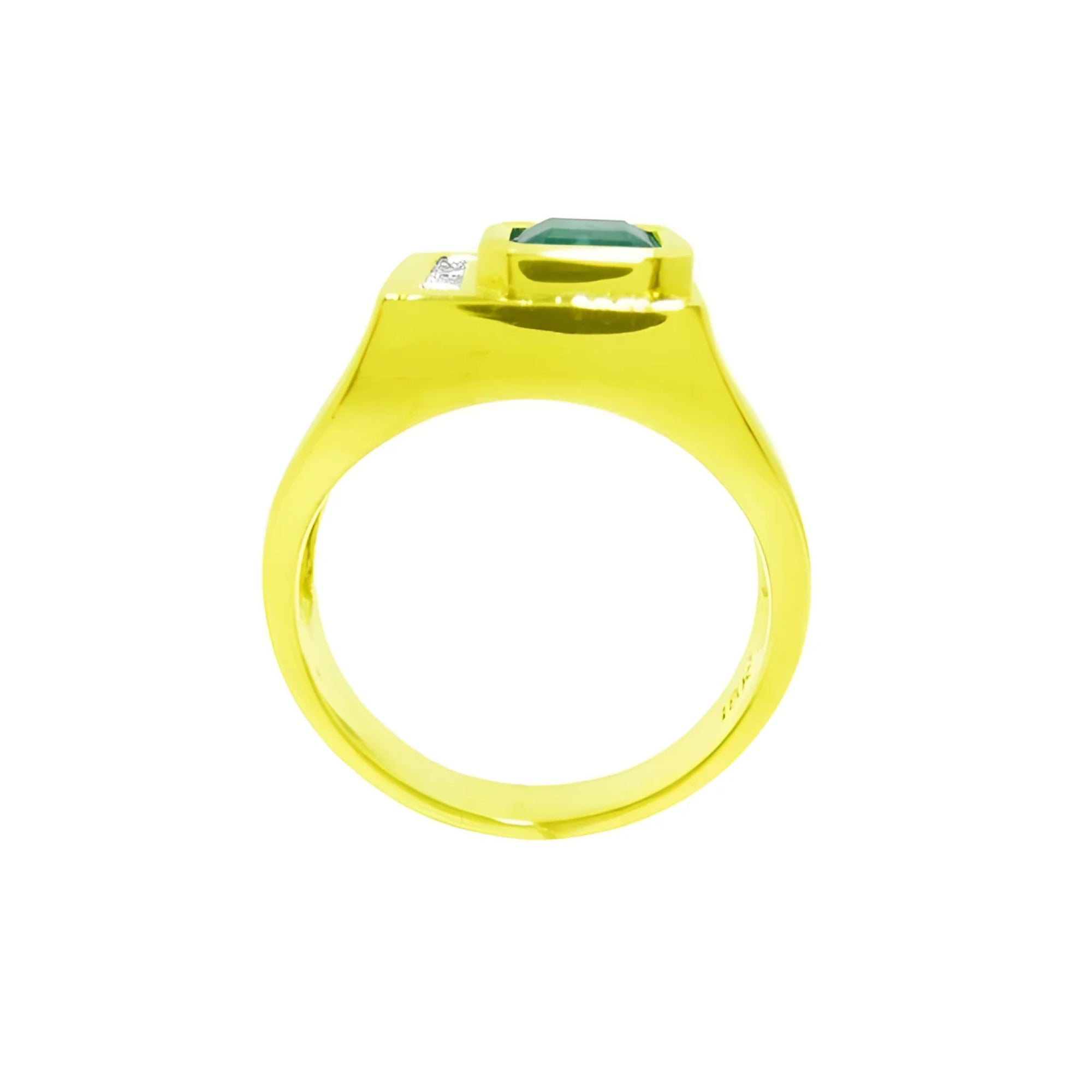 Men's 18K yellow gold ring with a rectangular emerald and channel-set princess-cut diamonds.