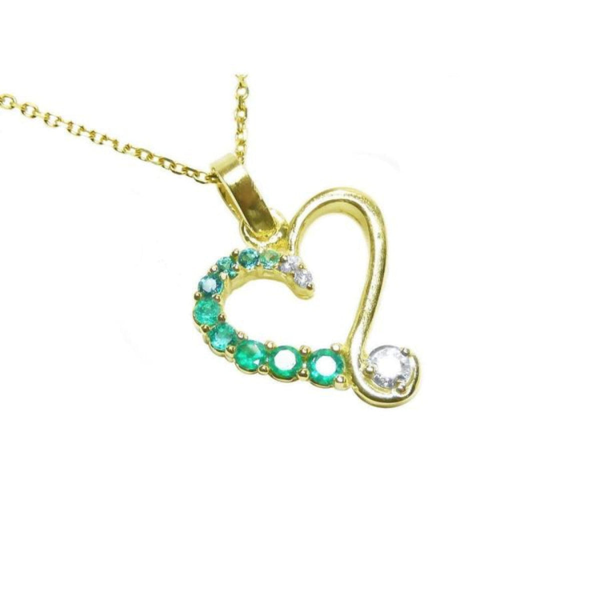 18K yellow gold heart pendant with natural emeralds and a diamond on a delicate chain.