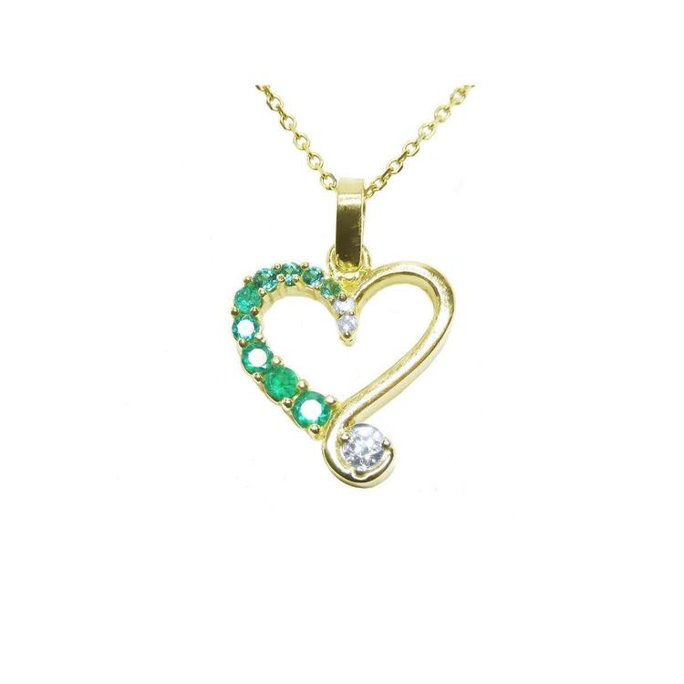 18K yellow gold heart pendant with natural emeralds and diamonds on a delicate chain.