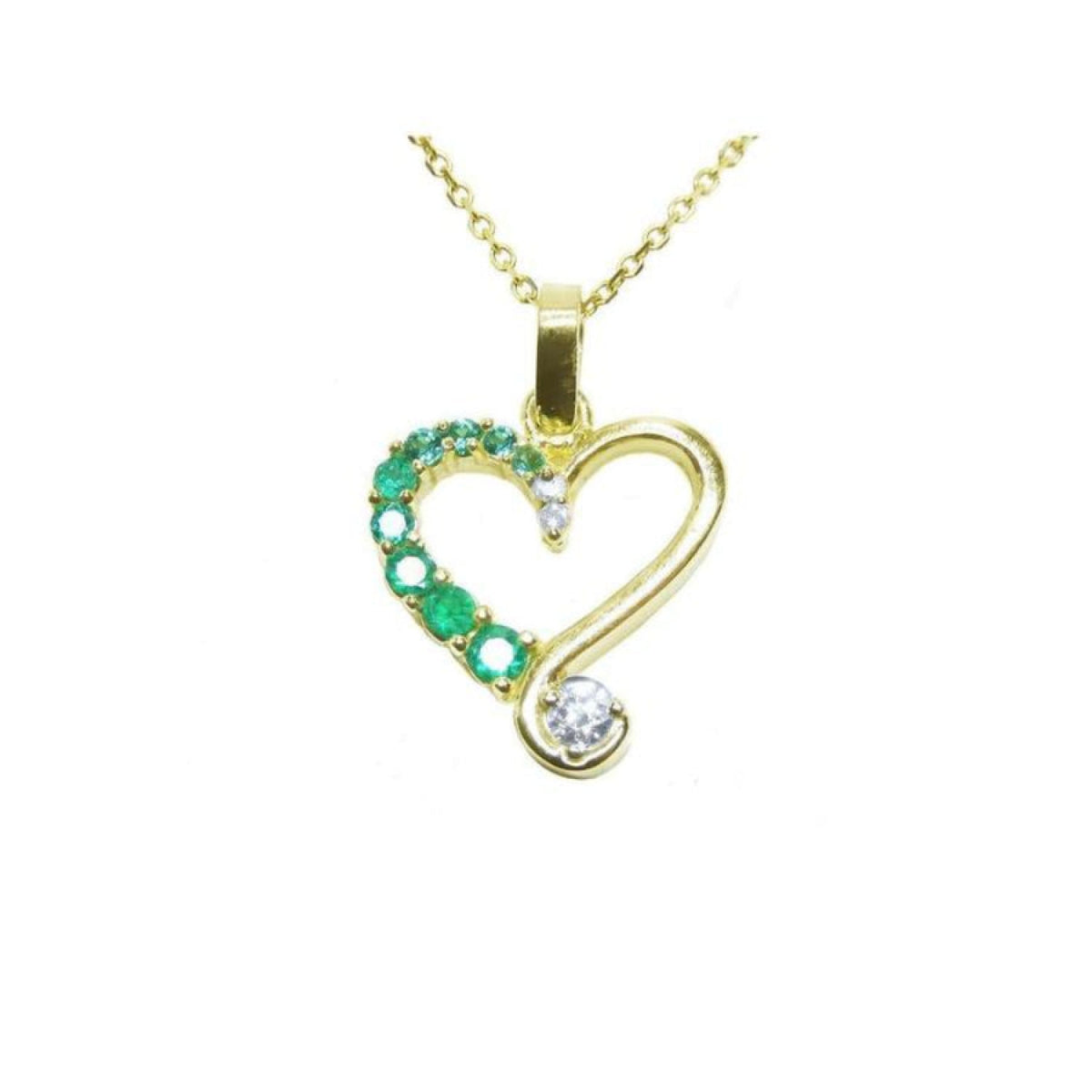 18K yellow gold heart pendant with natural emeralds and diamonds on a delicate chain.