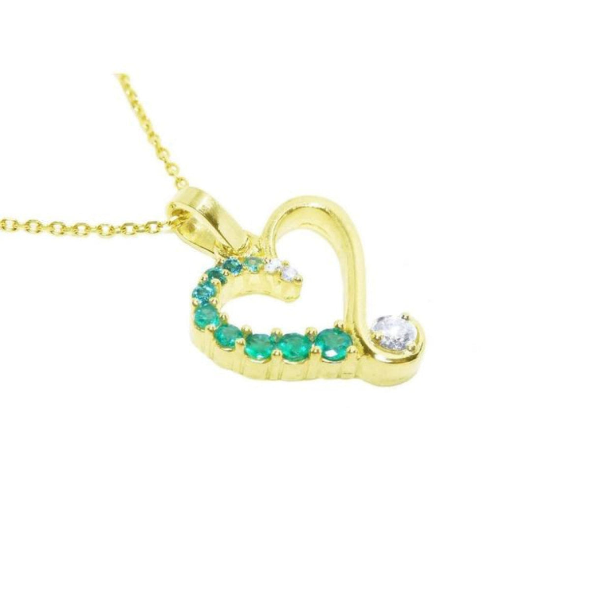 18k yellow gold heart-shaped pendant with natural round cut colombian emeralds and diamond.