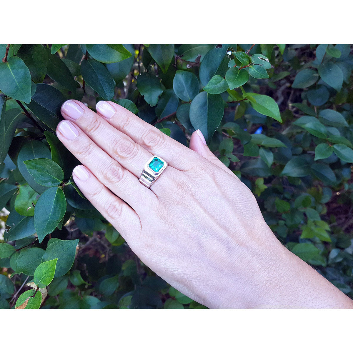Hand wearing a white gold ring for men with a natural colombian emerald against a leafy background.