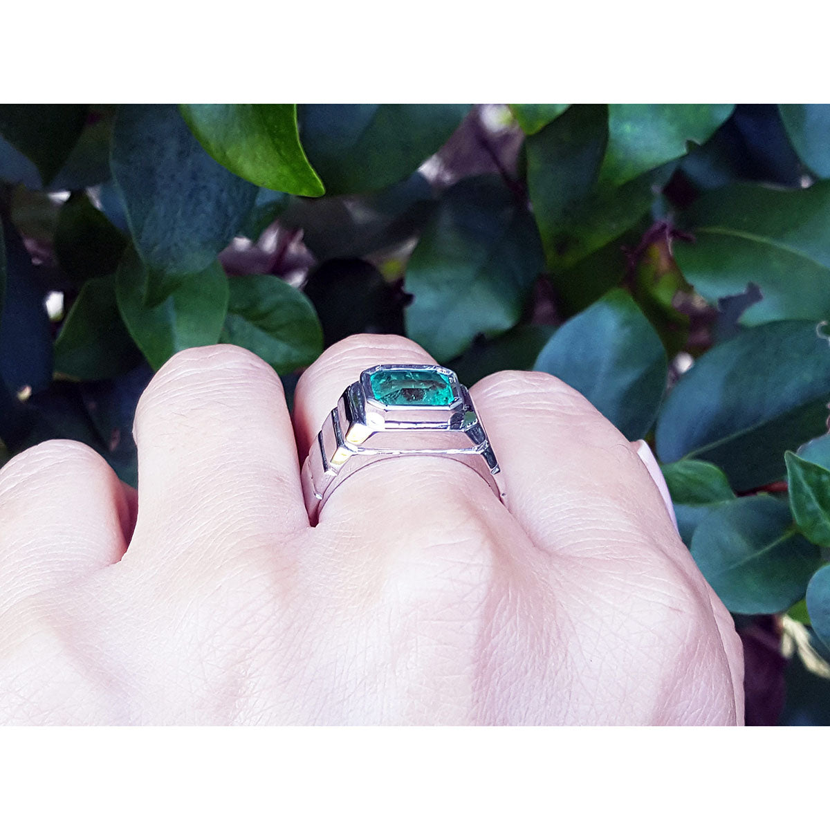 A men&#39;s emerald solitaire ring white gold is on a hand against a leafy background.