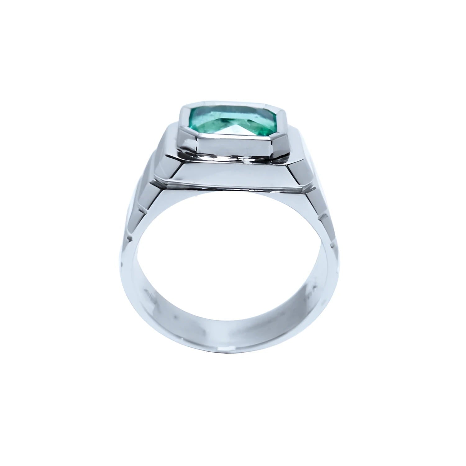 Men's 18K white gold ring with a bezel-set, modified emerald-cut deep bluish-green Muzo Colombian emerald.