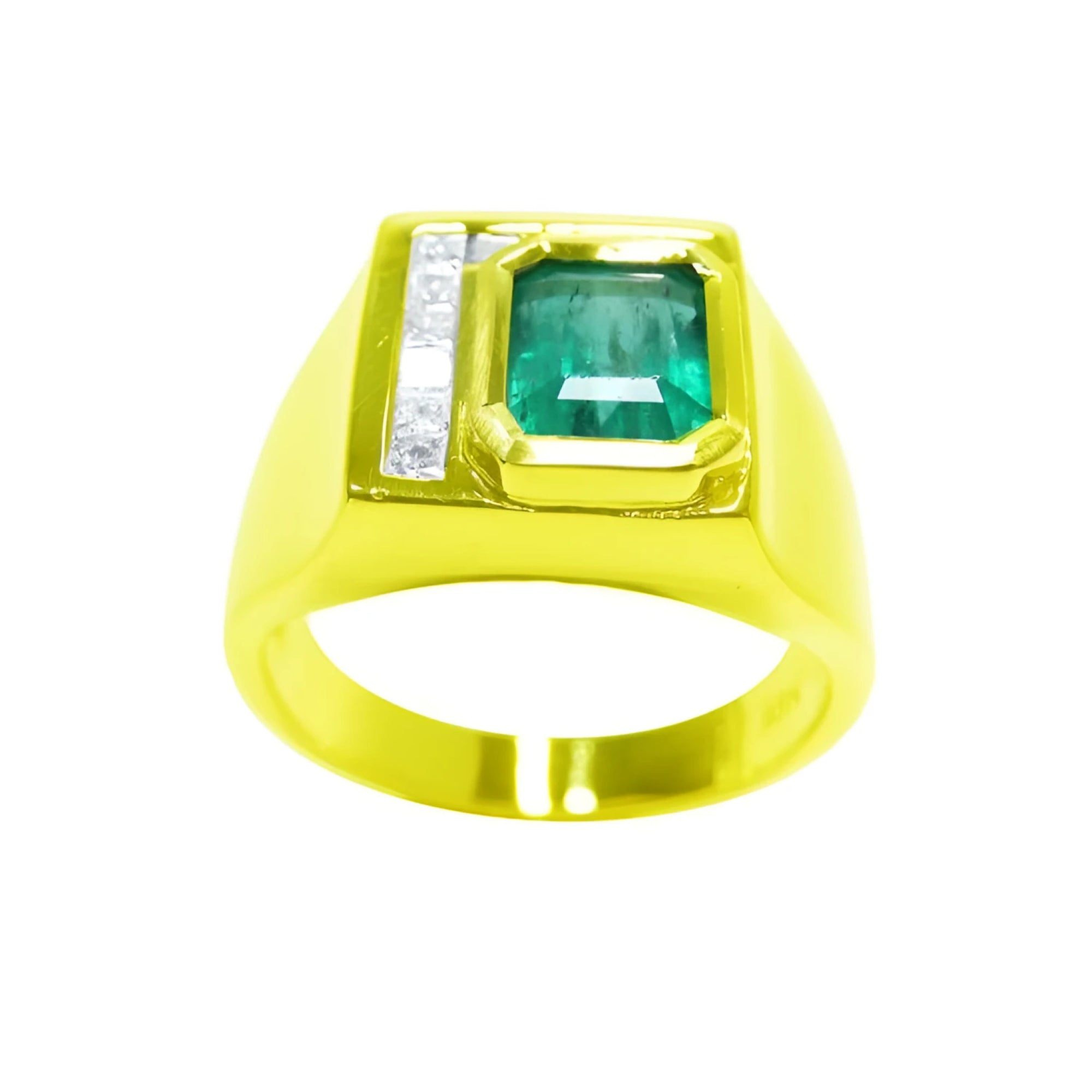 Men's 18K yellow gold ring with a rectangular Colombian emerald and channel-set princess-cut diamonds.
