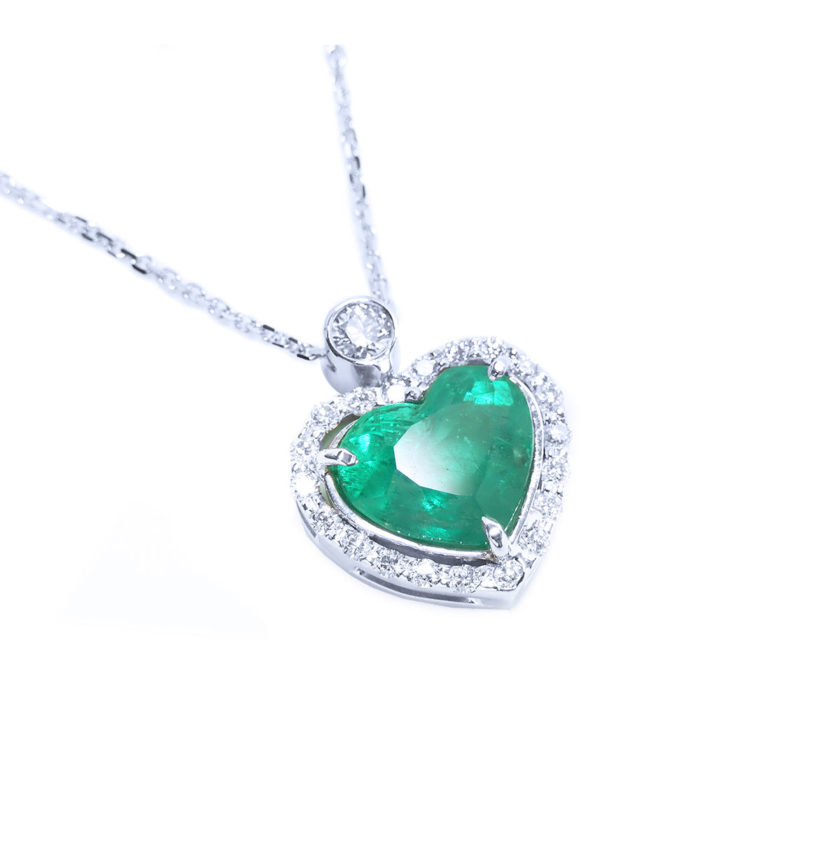 2.64 ct. Natural Colombian Emerald Heart Pendant Slider Handcrafted in 14K White Gold