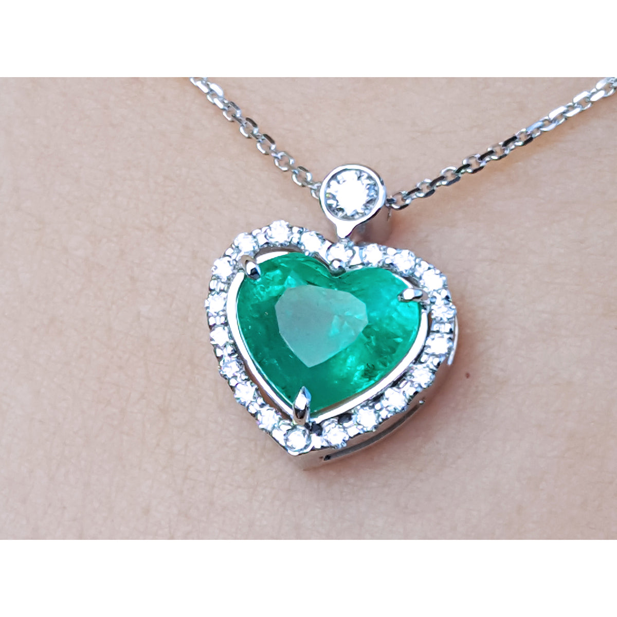 2.64 ct. Natural Colombian Emerald Heart Pendant Slider Handcrafted in 14K White Gold