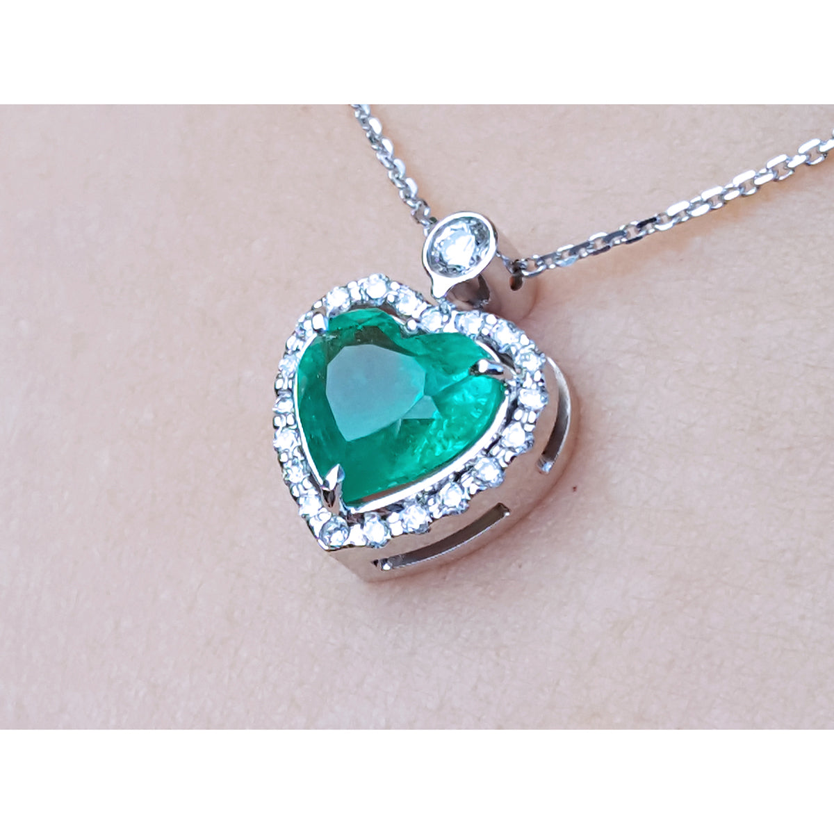 2.64 ct. Natural Colombian Emerald Heart Pendant Slider Handcrafted in 14K White Gold