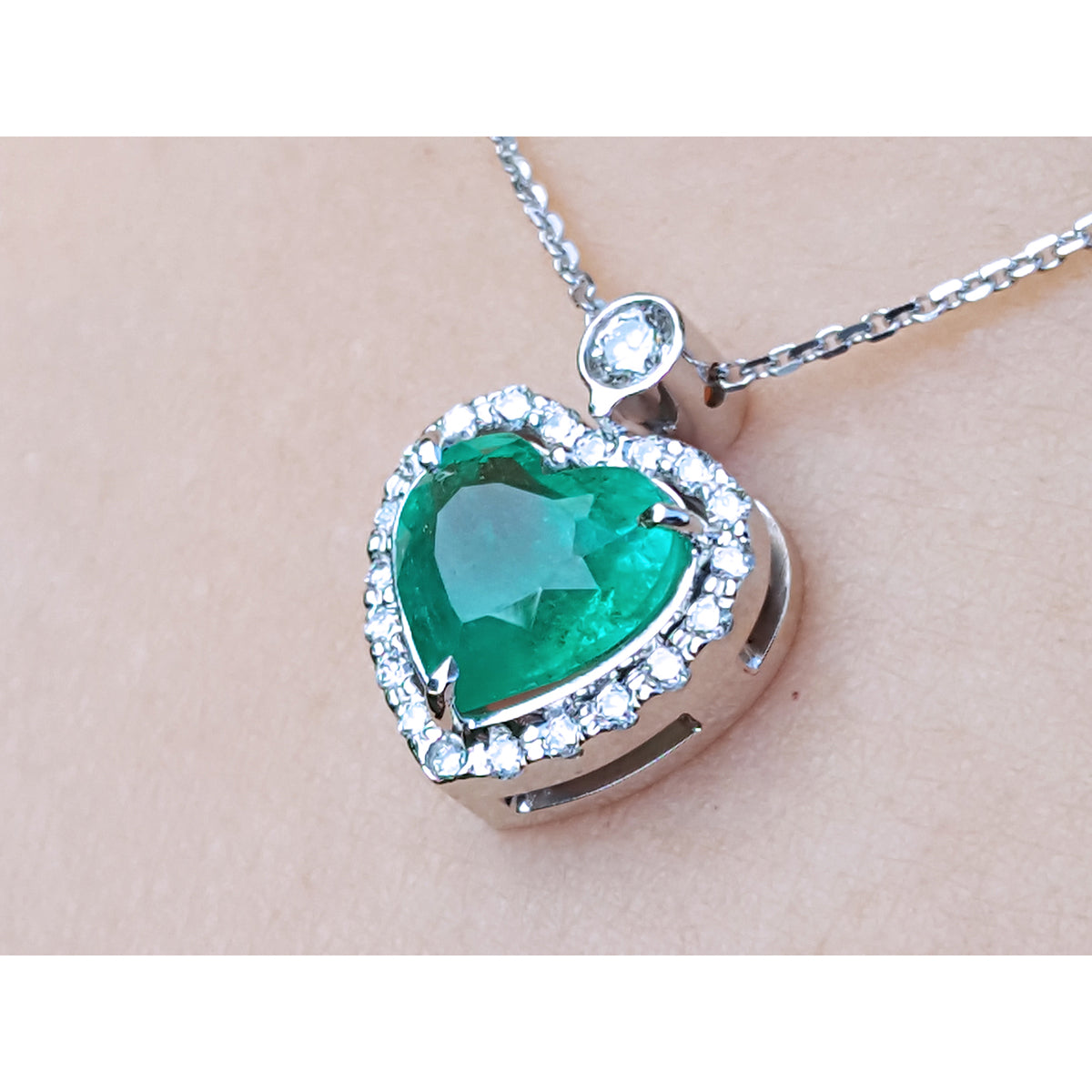 2.64 ct. Natural Colombian Emerald Heart Pendant Slider Handcrafted in 14K White Gold