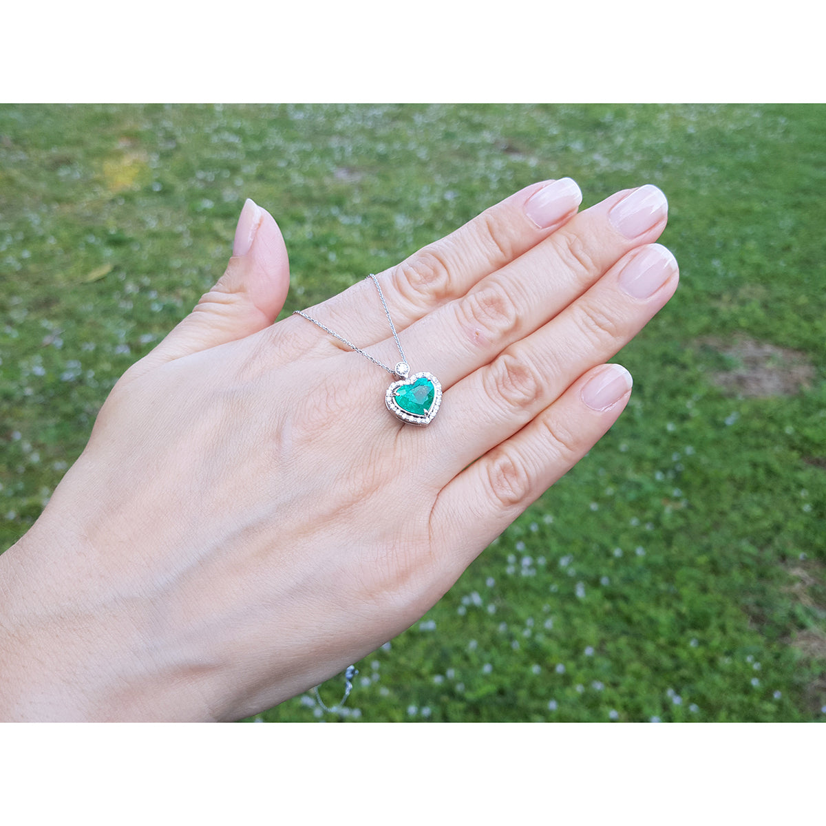 2.64 ct. Natural Colombian Emerald Heart Pendant Slider Handcrafted in 14K White Gold