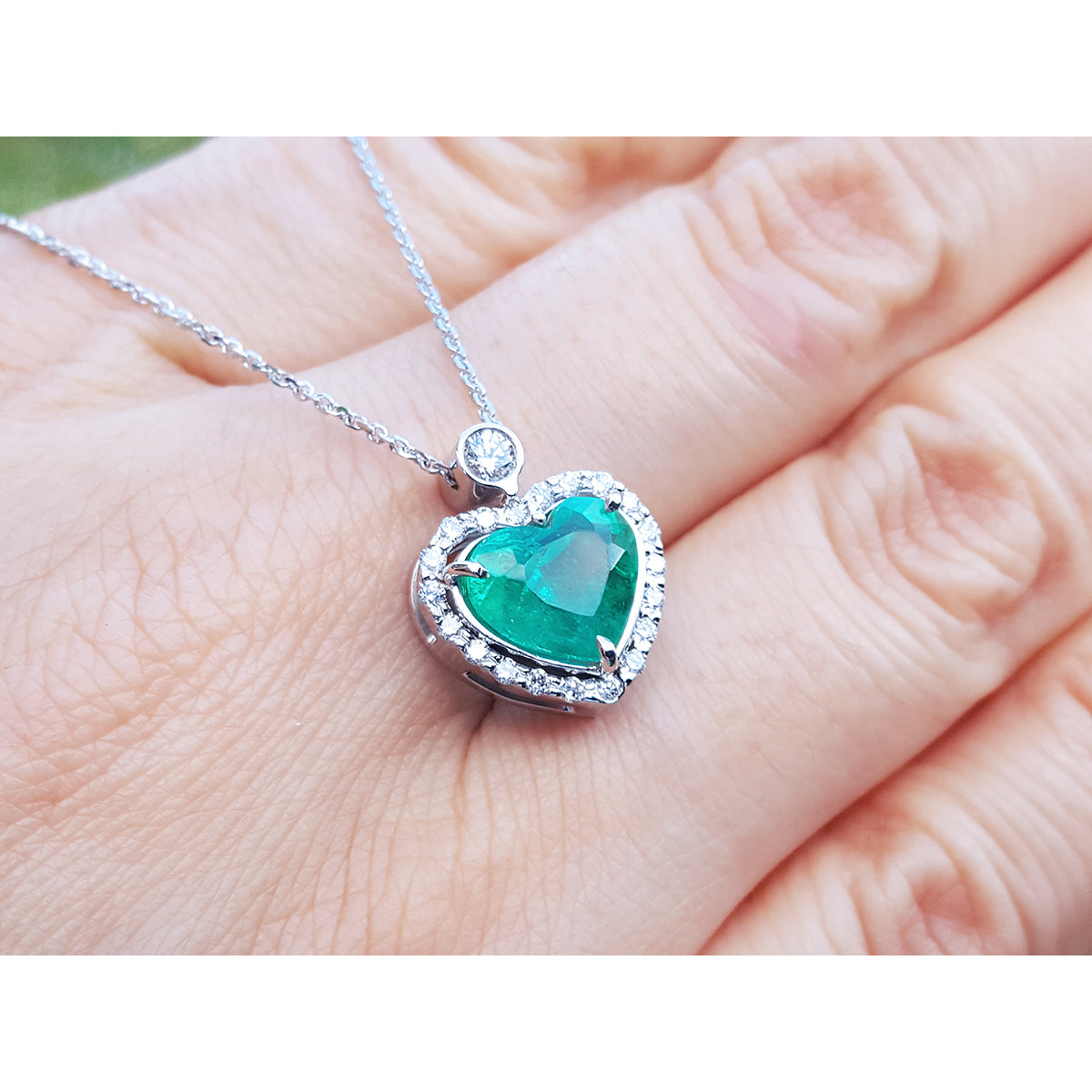 2.64 ct. Natural Colombian Emerald Heart Pendant Slider Handcrafted in 14K White Gold