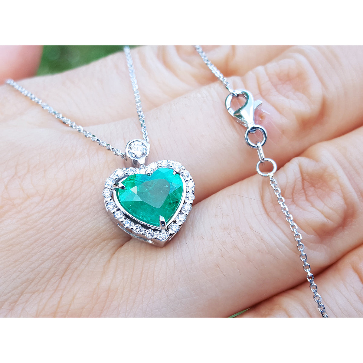 2.64 ct. Natural Colombian Emerald Heart Pendant Slider Handcrafted in 14K White Gold